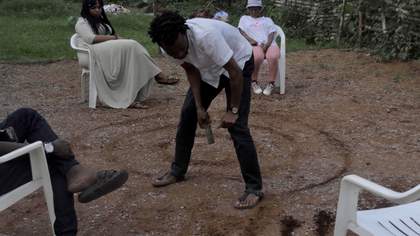 Artist Faustin Linkeyula rehearses a performance
