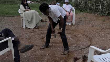 Artist Faustin Linkeyula rehearses a performance