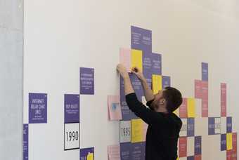 A person reaches up to add a piece of paper to a mural