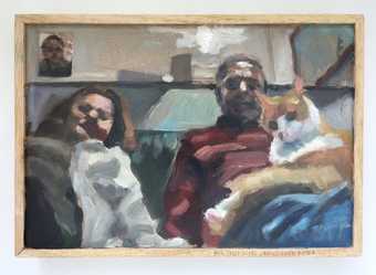 painting of a man and woman sitting on a sofa with a cat