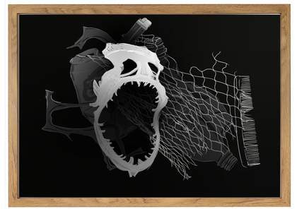 black and white artwork of an open mouthed skeleton