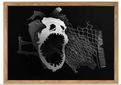 black and white artwork of an open mouthed skeleton