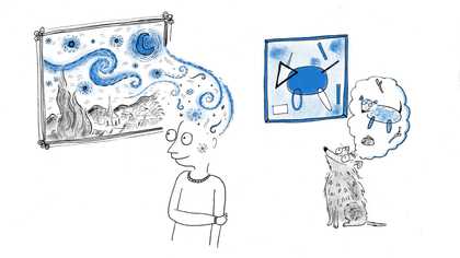 illustration of a person and dog standing in front of a Van Gogh's Starry Night illustrated by rubyetc
