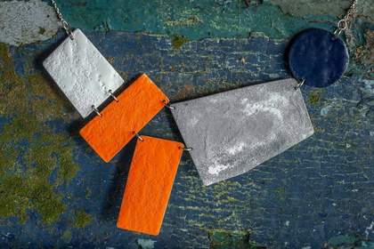 orange, grey and blue enamel necklace
