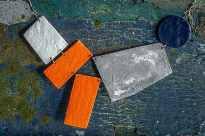 orange, grey and blue enamel necklace