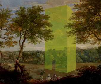 yellow block painting on an old master painting of a landscape