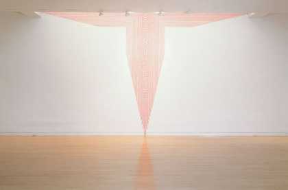 Richard Wright Not Titled 2005 three dimensional looking red pattern on a white gallery wall stretching from the floor to the ceiling 