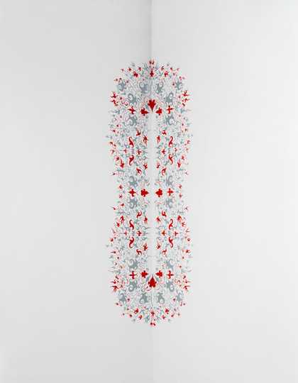 Richard Wright Untitled 2002 red and grey pattern at the corner of two white gallery walls