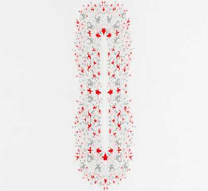 A wall painting by Richard Wright - a red and grey pattern in a figure of eight