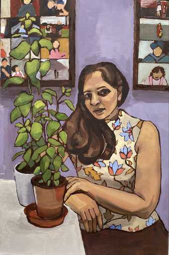 painting of a woman sitting at a table next to a plant