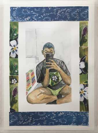 painting of a woman taking a selfie in a mirror surrounded by flowers