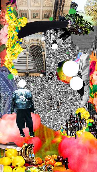 a collaged image of buildings, fruit, flowers and people walking