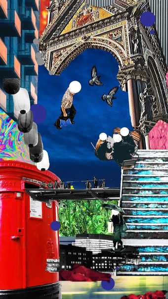 a collages image of people walking and birds flying, there is an ornate building in the background and a red postal box in the foreground