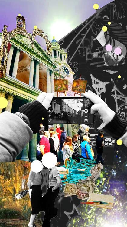 a collaged image of a person taking a photo of a building