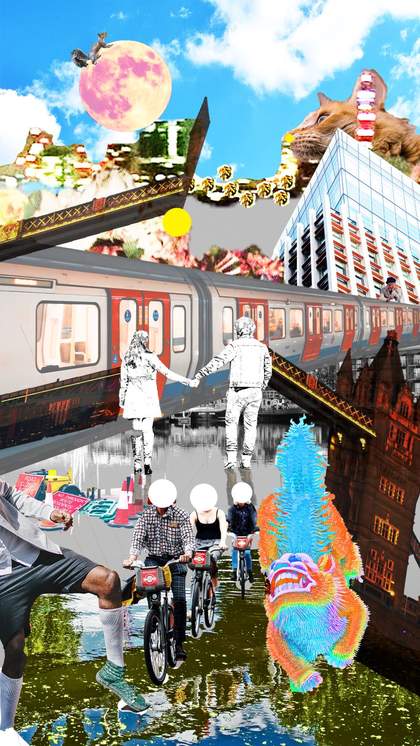 a collaged image of a couple holding hands in front of a tube carriage