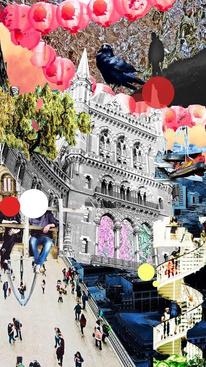 a collaged image of building, a spiral staircase, chinese laterns and a crowded scene