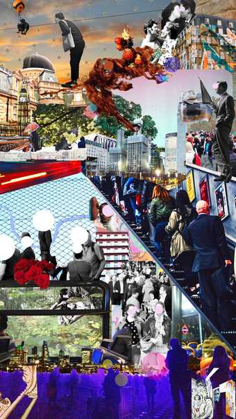 a collages image of buildings and crowded scenes