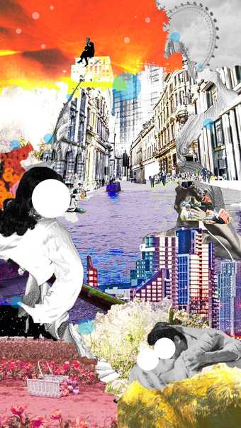 a collaged image of buildings, a couple, a straw basket and the london eye