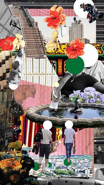 a collaged image of a ountain, flowers, a staircase and some people walking above a city skyline