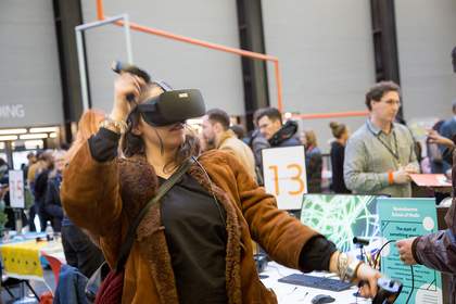 A person trying on a virtual reality headset