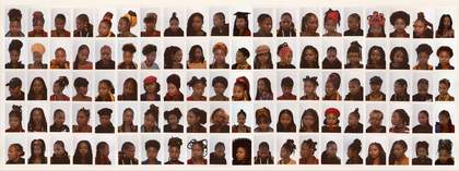 a series of passport style portrait photographs showing the artist Favour Jonathan sporting many different black hairstyles