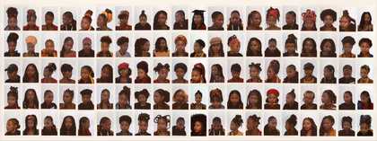 a series of passport style portrait photographs showing the artist Favour Jonathan sporting many different black hairstyles