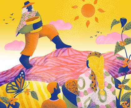 a woman stands on a mountain with a bucket of coffee beans