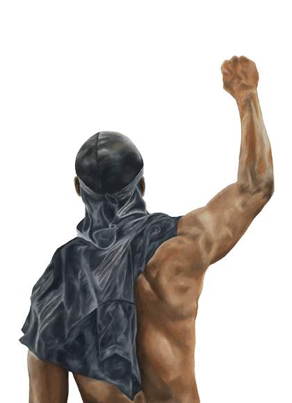 painting of a man in a durag with a raised fist
