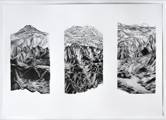 three pencil drawings of a mountain range