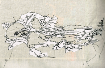 embroidery of a person sinking into a mountain range