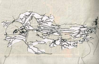 embroidery of a person sinking into a mountain range