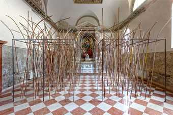installation view of lots of branches standing up in a gallery space