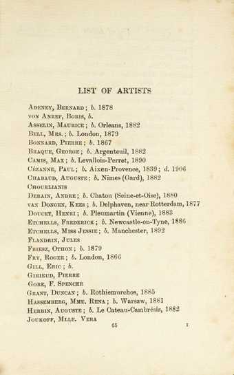 List of artists included in the Second Post-Impressionist Exhibition at the Grafton Galleries in London, with Duncan Grant and Vanessa Bell listed alongside Paul Cézanne and Georges Braque. Courtesy Tate Archive