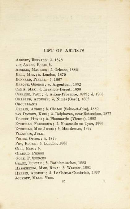 Exhibition Catalogue 'Second Post-Impressionist Exhibition', list of artists, Tate Bloomsbury resource