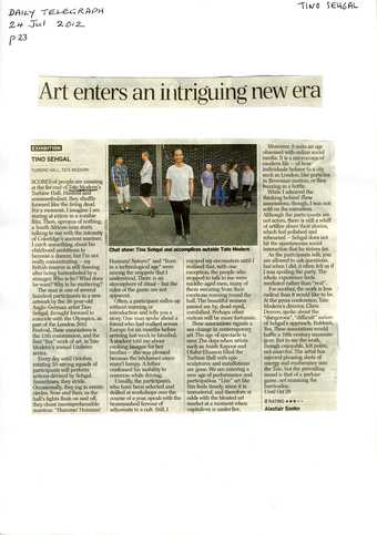 Press coverage for Tino Sehgal: Alastair Sooke, ‘Art enters an intriguing new era’, Daily Telegraph, 24 July 2012