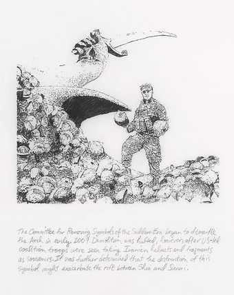 Michael Rakowitz Sgt. Slaughter 2009 Drawing of a soldier standing by a ruined monument of a hand holding a sword surrounded by discarded helmets. Text underneath the drawing.