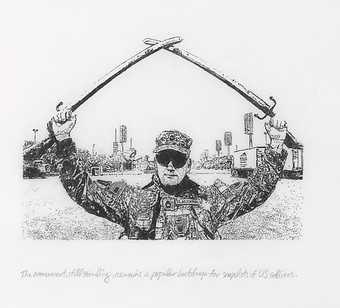 Michael Rakowitz Sgt. Slaughter 2009 Drawing of a soldier standing in front of a monument of crossed swords. There is a caption text underneath the drawing.