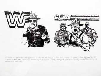 Michael Rakowitz Sgt. Slaughter 2009 Drawing of men standing in front of logos. There is a caption text underneath the drawing. 