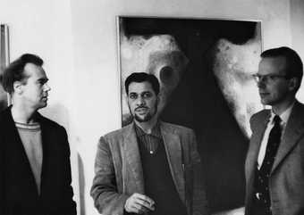 Victor Musgrave, Anwar Jalal Shemza and the art critic George Butcher at Gallery One, London, 1960