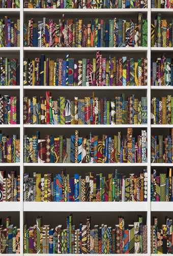Photograph of six book shelves lined with colourful books