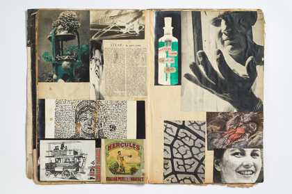 double page spread of a scrapbook, showing multiple cuttings from magazines and newspapers overlaid across the pages.
