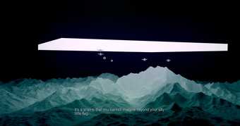 Image of snow covered mountains with a computerised image of a rectangle of white light above the mountains and small space ships underneath the light.