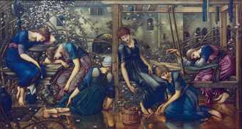 Painting by Sir Edward Coley Burne-Jones titled The Garden Court