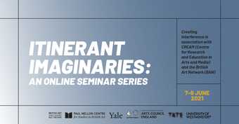 White text on blue back ground reads Itinerant Imaginaries: An Online Seminar Series 7-8 June 2021