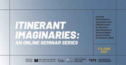 White text on blue back ground reads Itinerant Imaginaries: An Online Seminar Series 7-8 June 2021