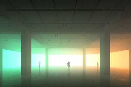 Silhouettes of visitors against a green-yellow background in the south oil tank at Tate Modern