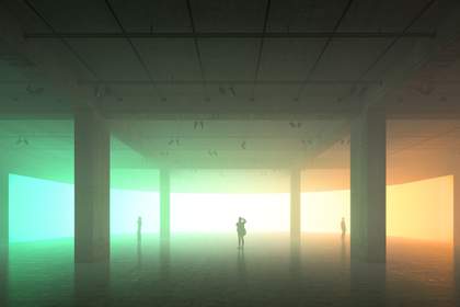 Silhouettes of visitors against a green-yellow background in the south oil tank at Tate Modern