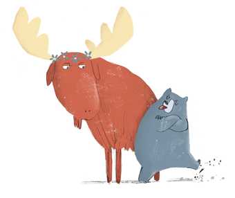 An illustration from The Big Trip children's book - a moose and a bear