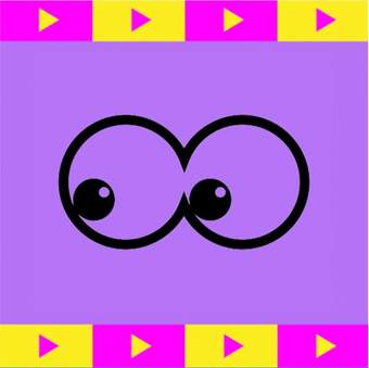 An emoji-like black outline of a pair of eyes look to the left on a purple background
