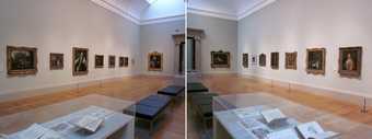 Two photographs of a gallery, a display of archive material in the foreground, paintings along each wall and seating in the centre